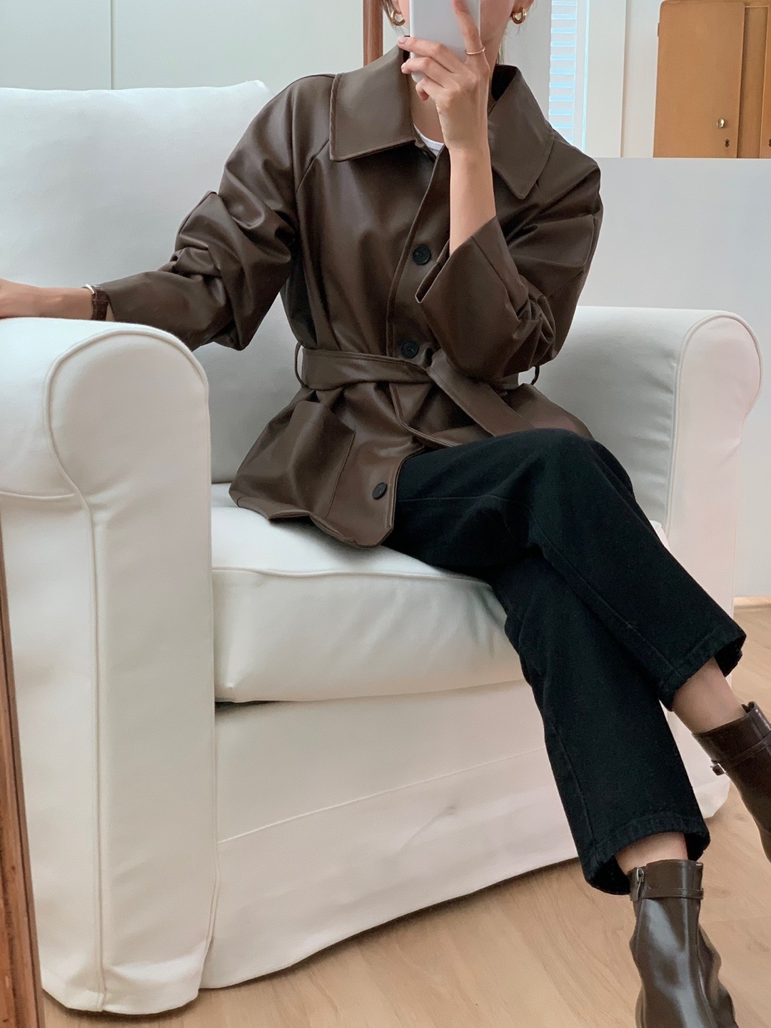 ストラップ付レザー調ポケットミドルジャケット | 詳細画像3