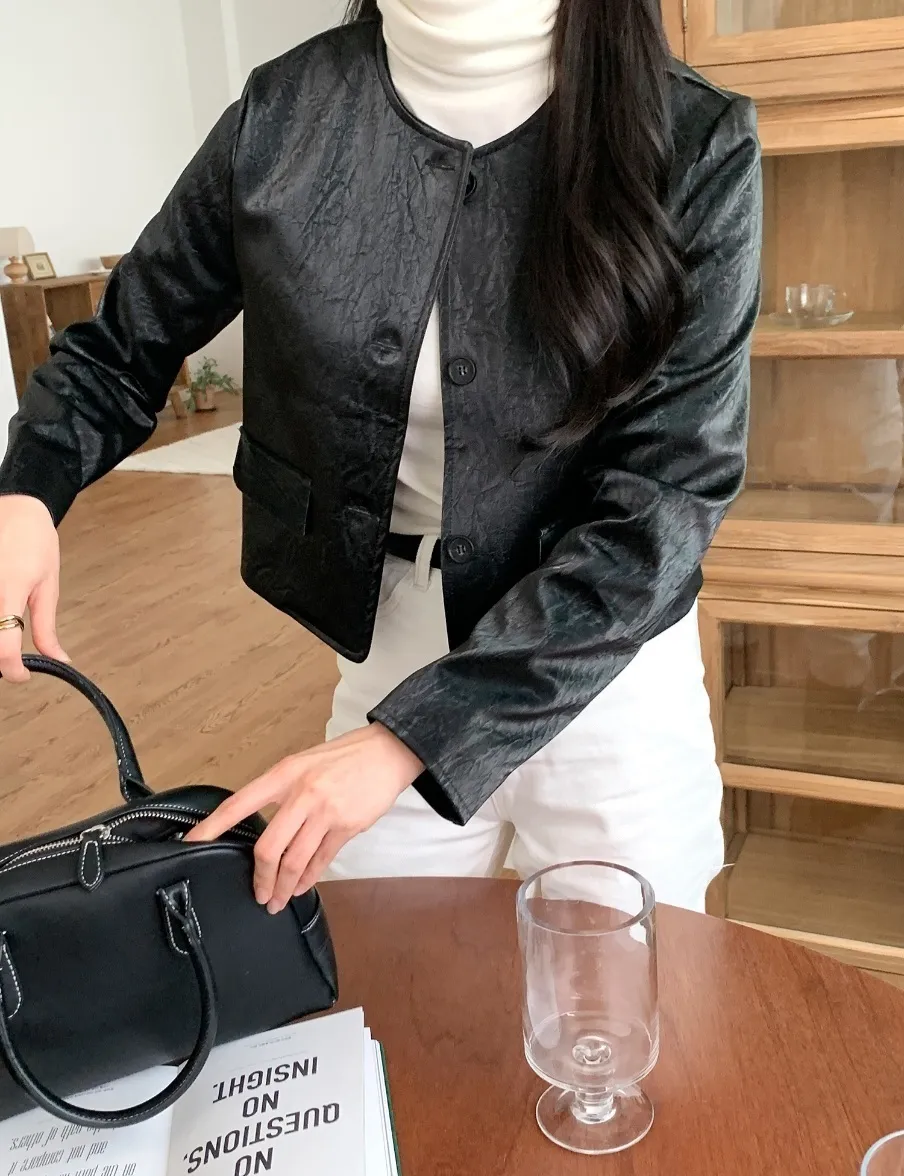 クラックレザー調ノーカラージャケット | 詳細画像1