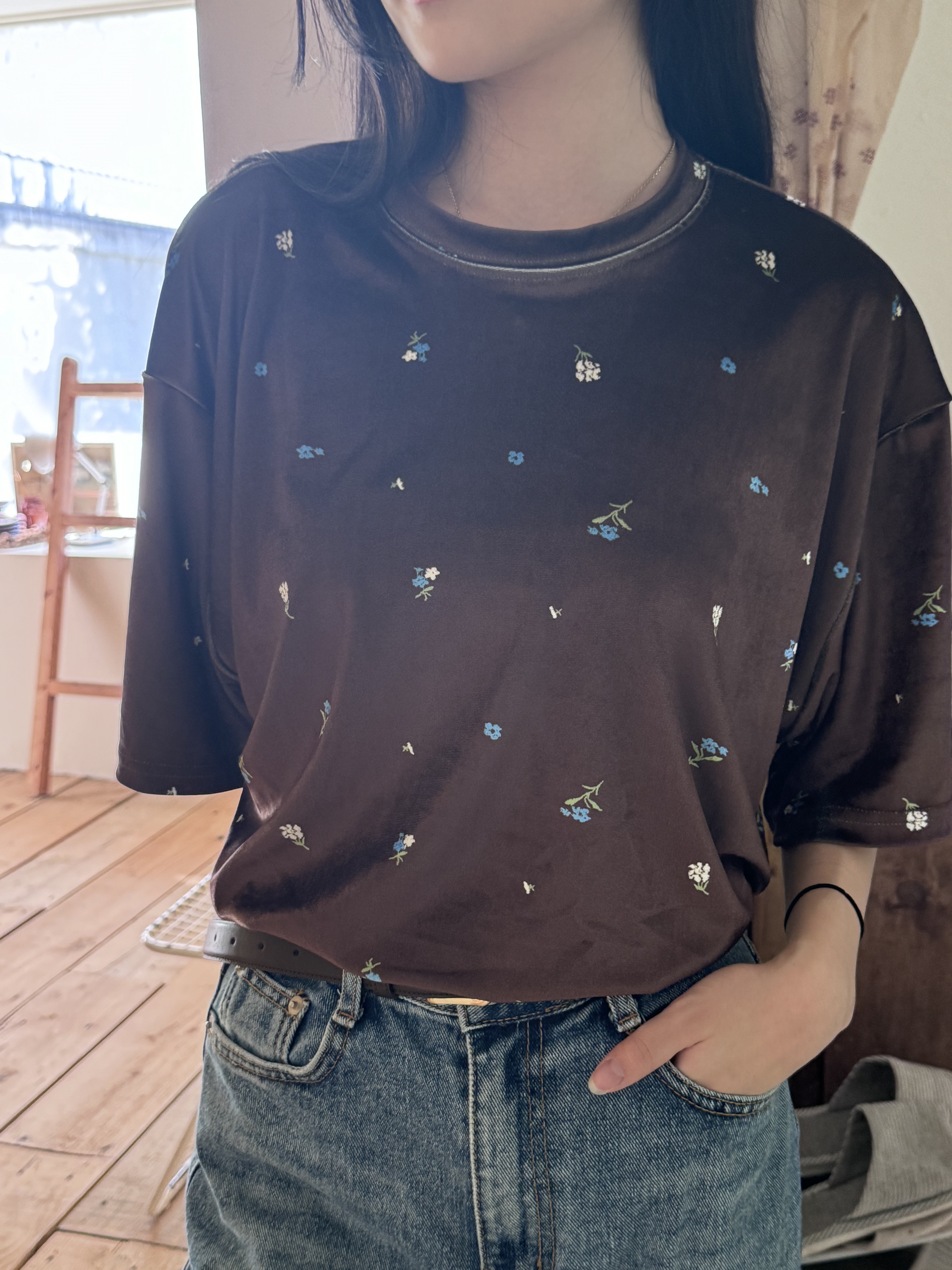 花柄刺繍ベロア半袖Tシャツ | 詳細画像7