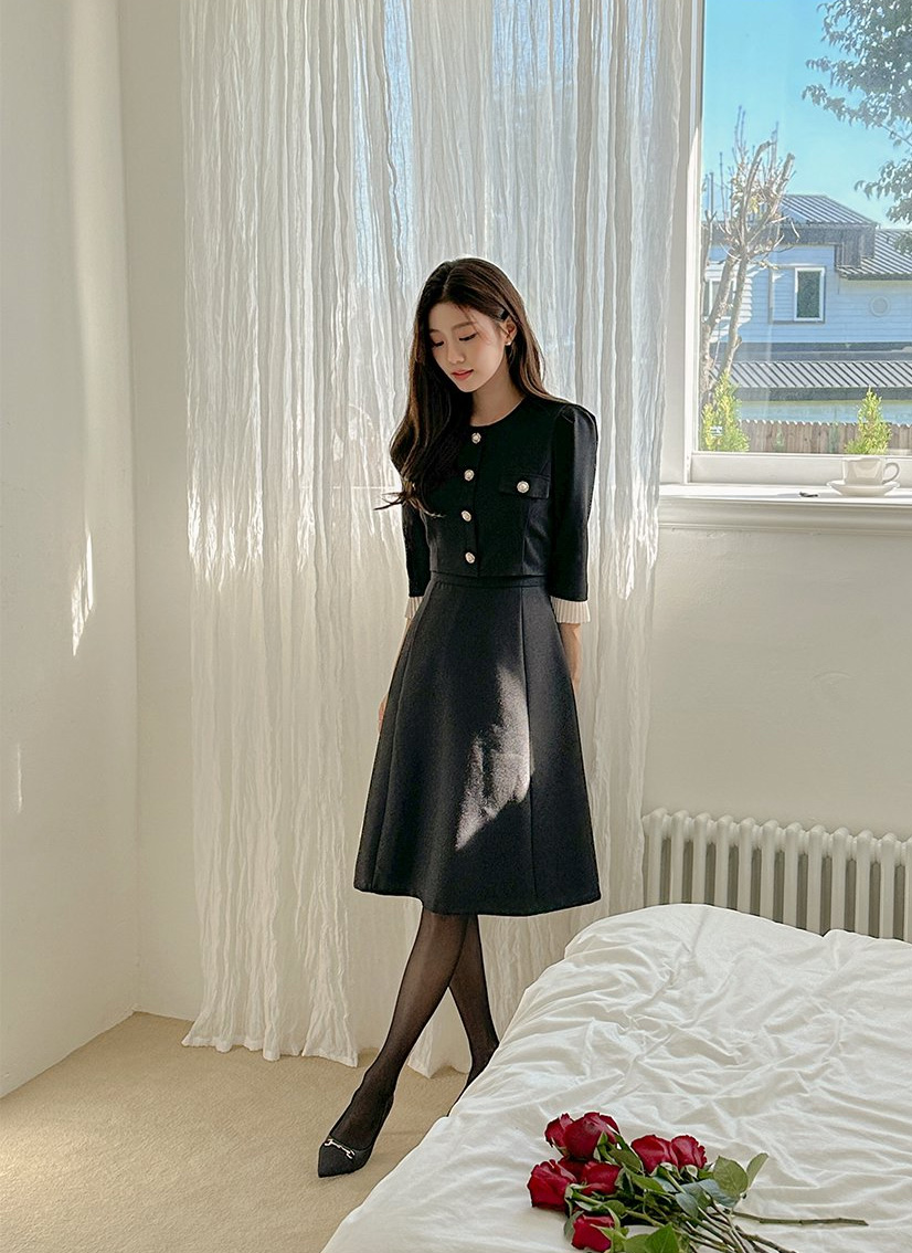 パール調ボタンプリーツ7分袖ツイードAラインワンピース | レディース