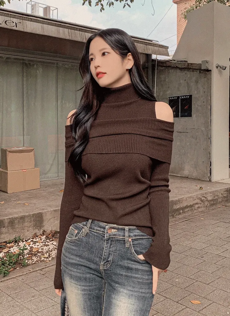 タートルネックオープンショルダーリブニット | highclassic | 詳細画像1