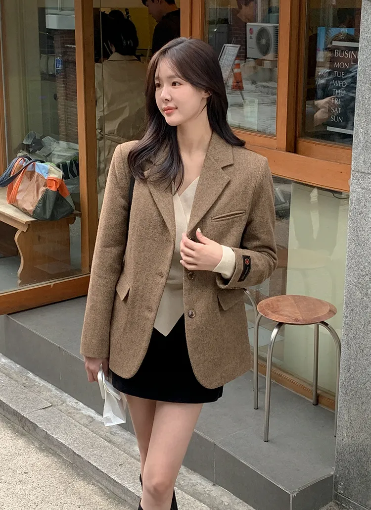 Drumohr 三つボタンヘリンボーンジャケット 48 ダークブラウン  