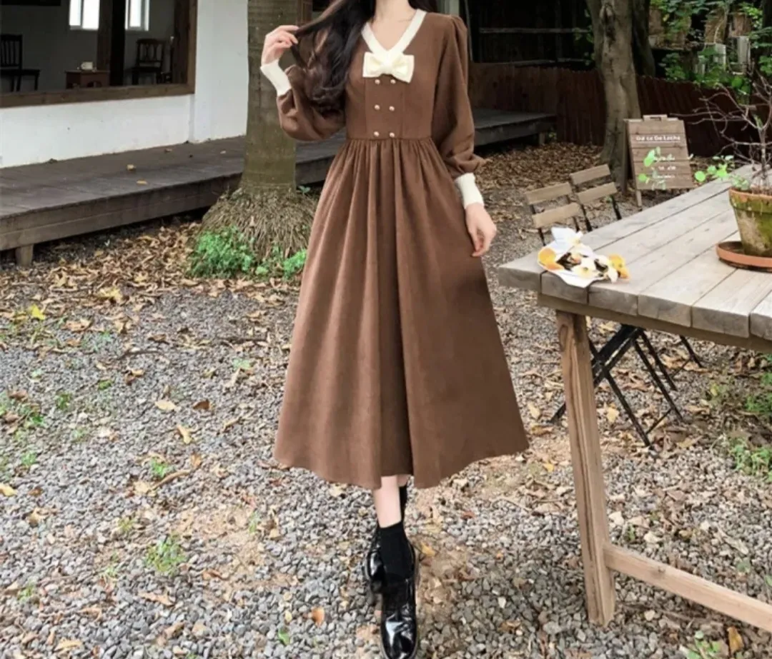 配色Vネックリボンダブルボタンフレアワンピース | 詳細画像1