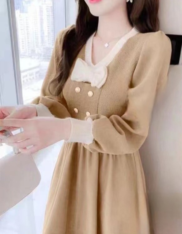 配色Vネックリボンダブルボタンフレアワンピース | 詳細画像8