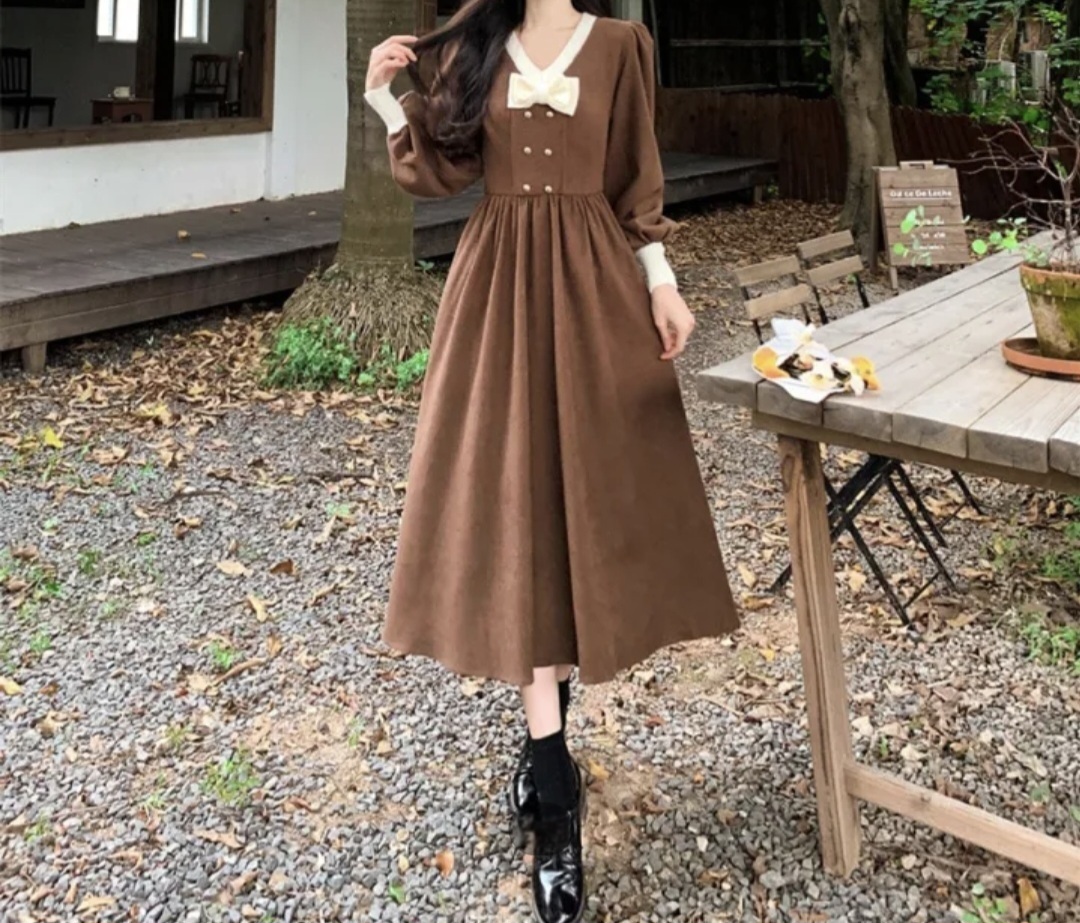 配色Vネックリボンダブルボタンフレアワンピース | 詳細画像5