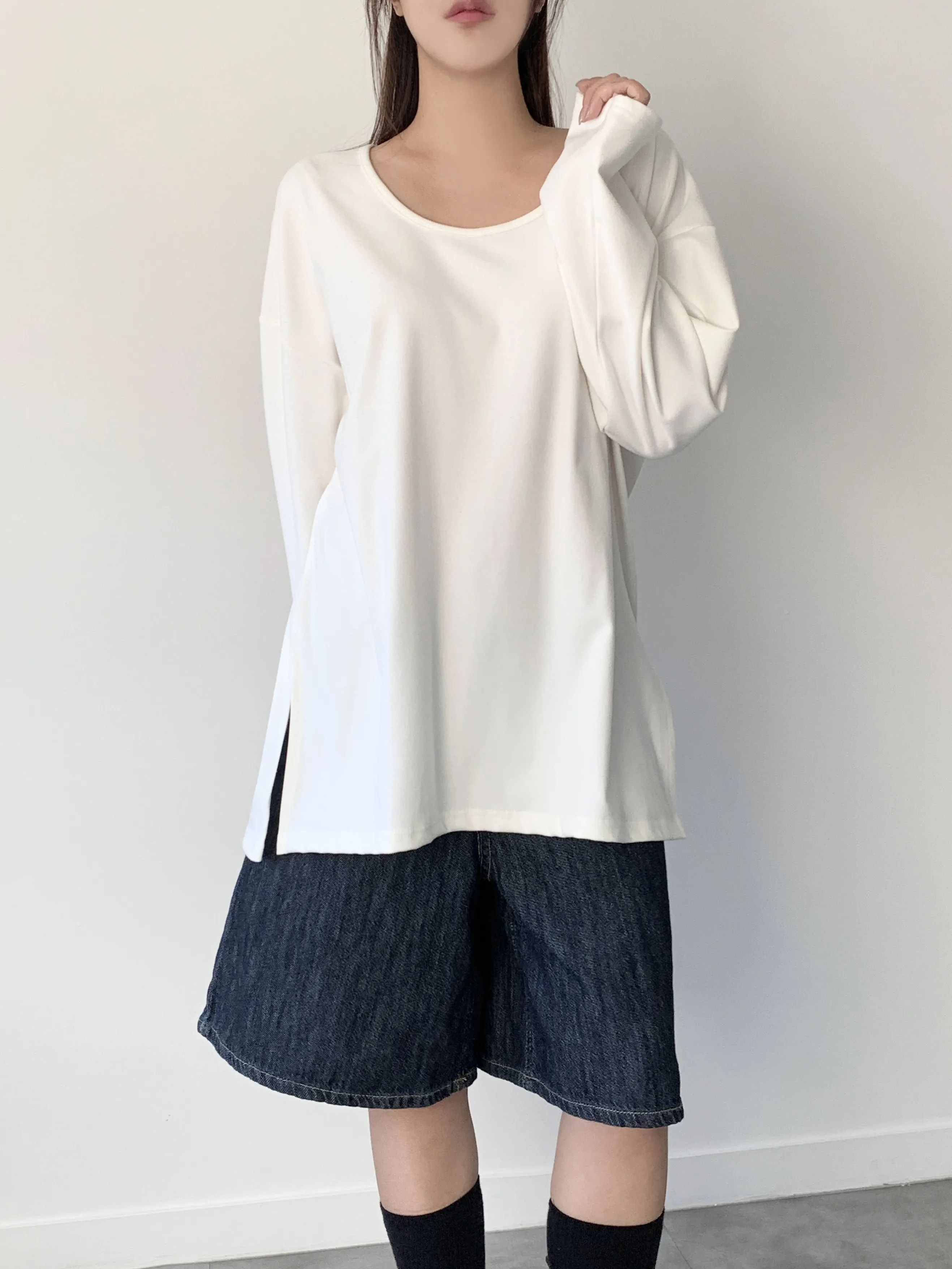 両起毛UネックルーズスリットTシャツ | 詳細画像1