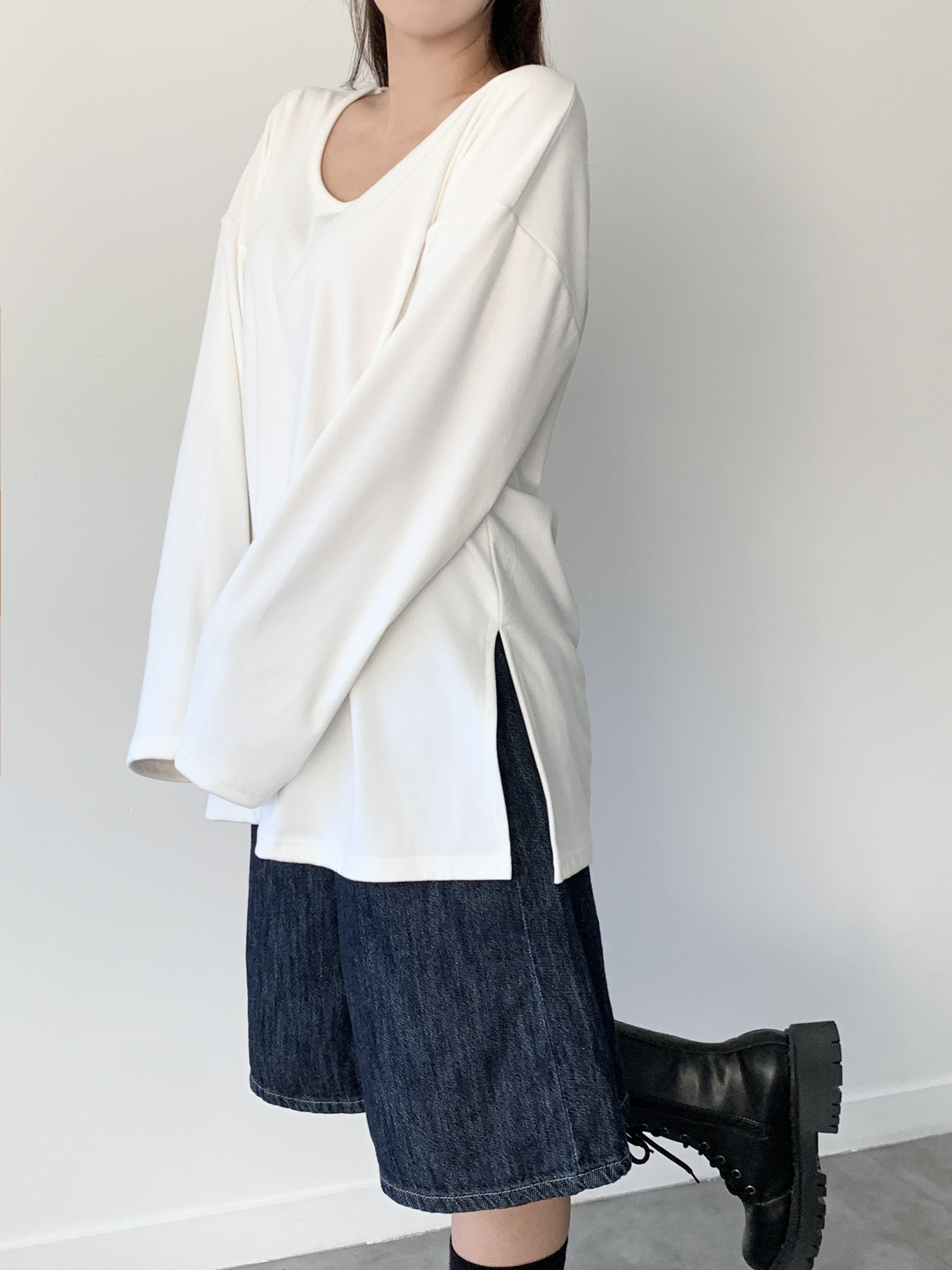 両起毛UネックルーズスリットTシャツ | 詳細画像12