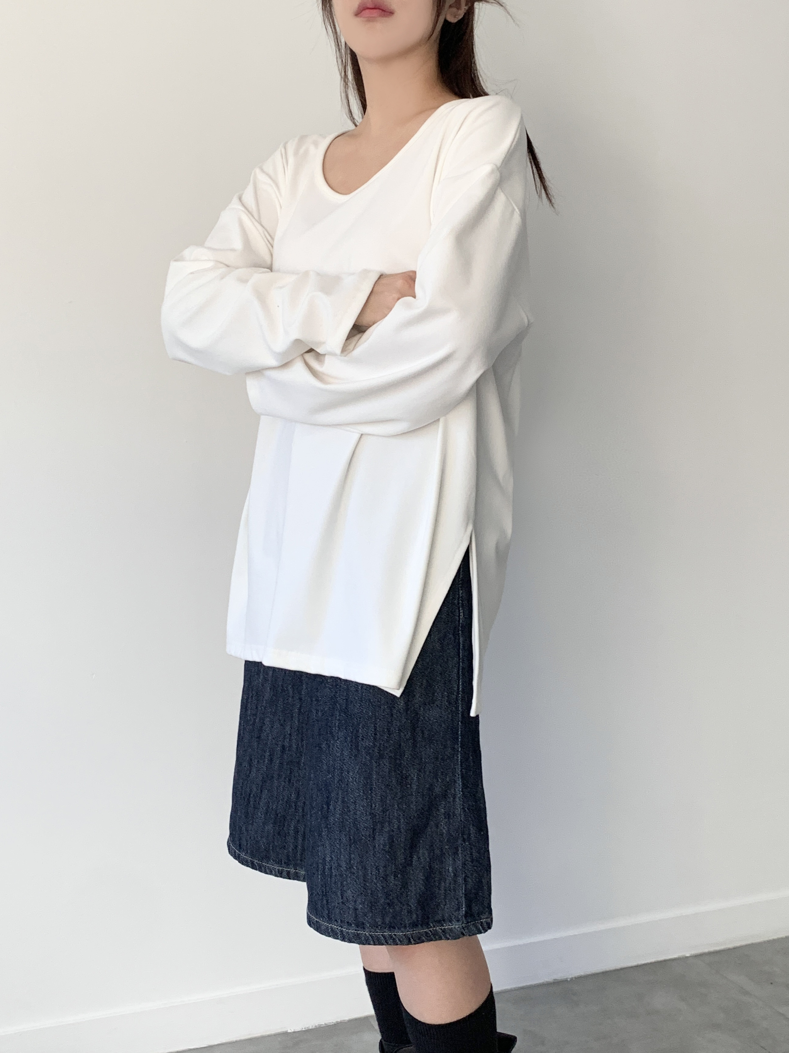 両起毛UネックルーズスリットTシャツ | 詳細画像4