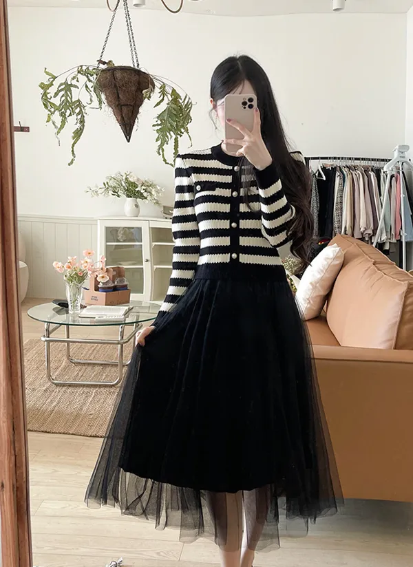 ボーダーニットドッキングチュールAラインワンピース | レディース  