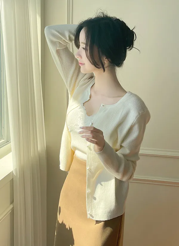 スカラップクロスレースキャミ&パール調ボタンカーディガンSET | fiona | 詳細画像1