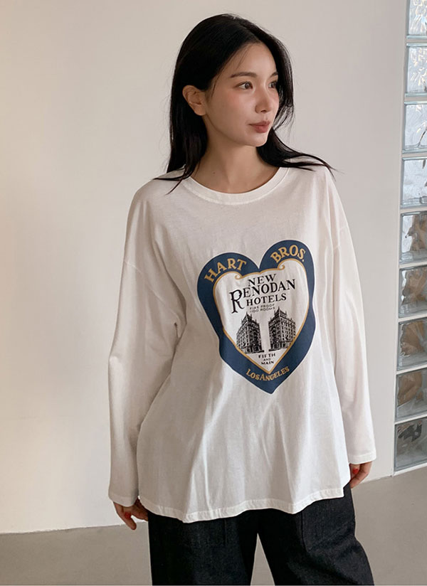 tシャツ (BD)「BARNDOOR」女の子 プリント 胸ポケット付き 長袖 Tシャツ レディース ハートホテルプリント長袖Tシャツ | レディースファッション通販
