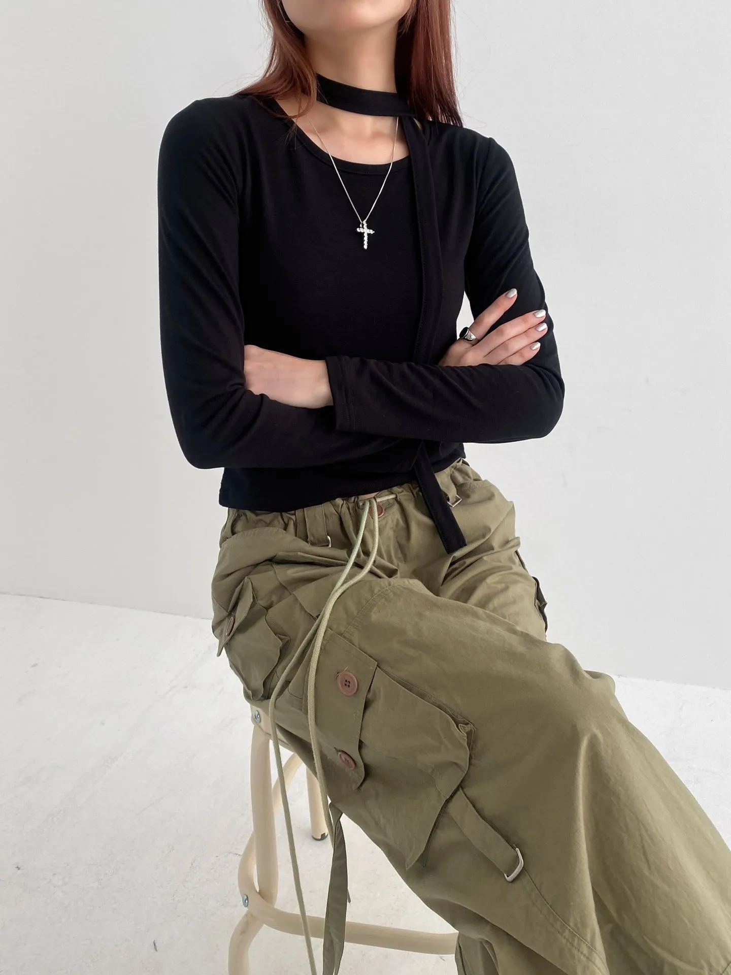 ストラップ付裏起毛クロップドTシャツ | 詳細画像1