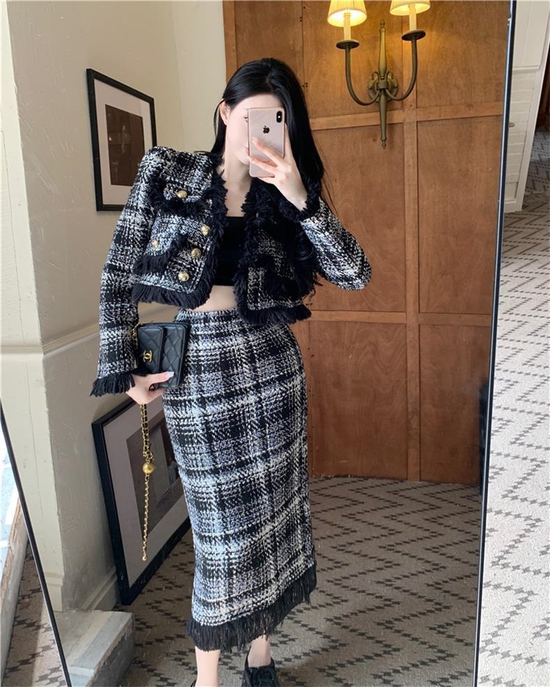 フリンジツイードチェックジャケット&スカートSET | レディース