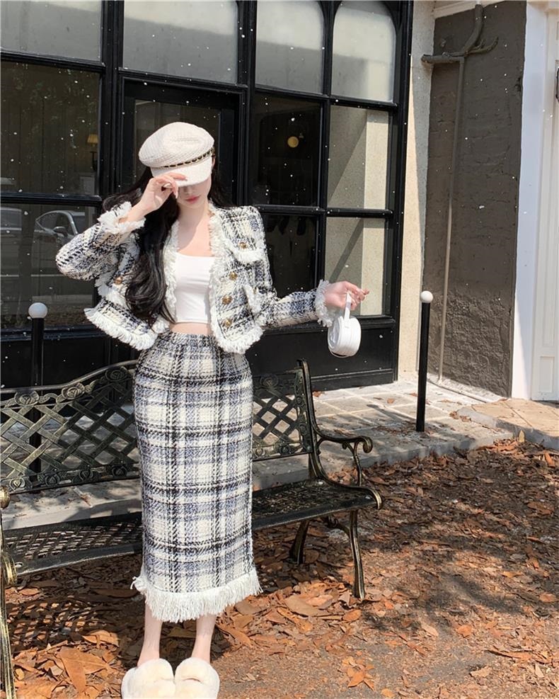 フリンジツイードチェックジャケット&スカートSET | レディース  