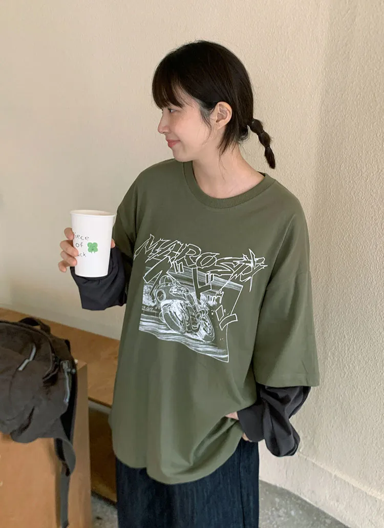 イラスト半袖レイヤード風トラックTシャツ | レディースファッション