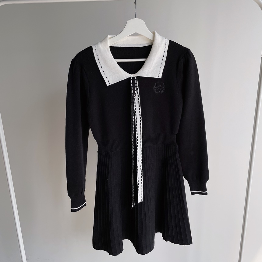 配色ステッチカラー刺繍プリーツニットワンピース | mirangmirang | 詳細画像13