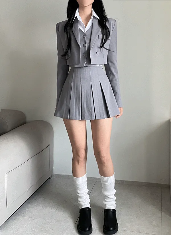 Vネックバックベルトベスト&クロップドジャケット&プリーツスカートSET | ahope | 詳細画像1