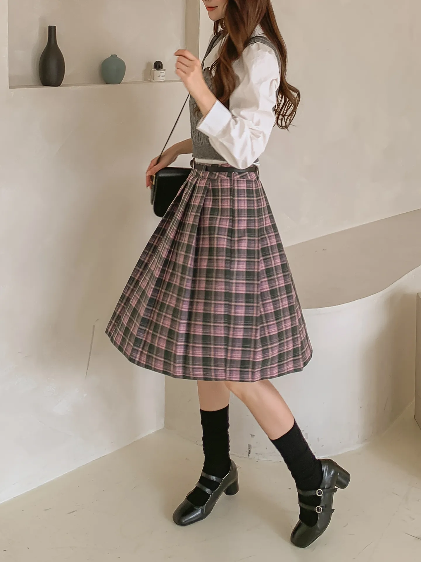 ベルト付チェックプリーツミディスカート | 詳細画像1