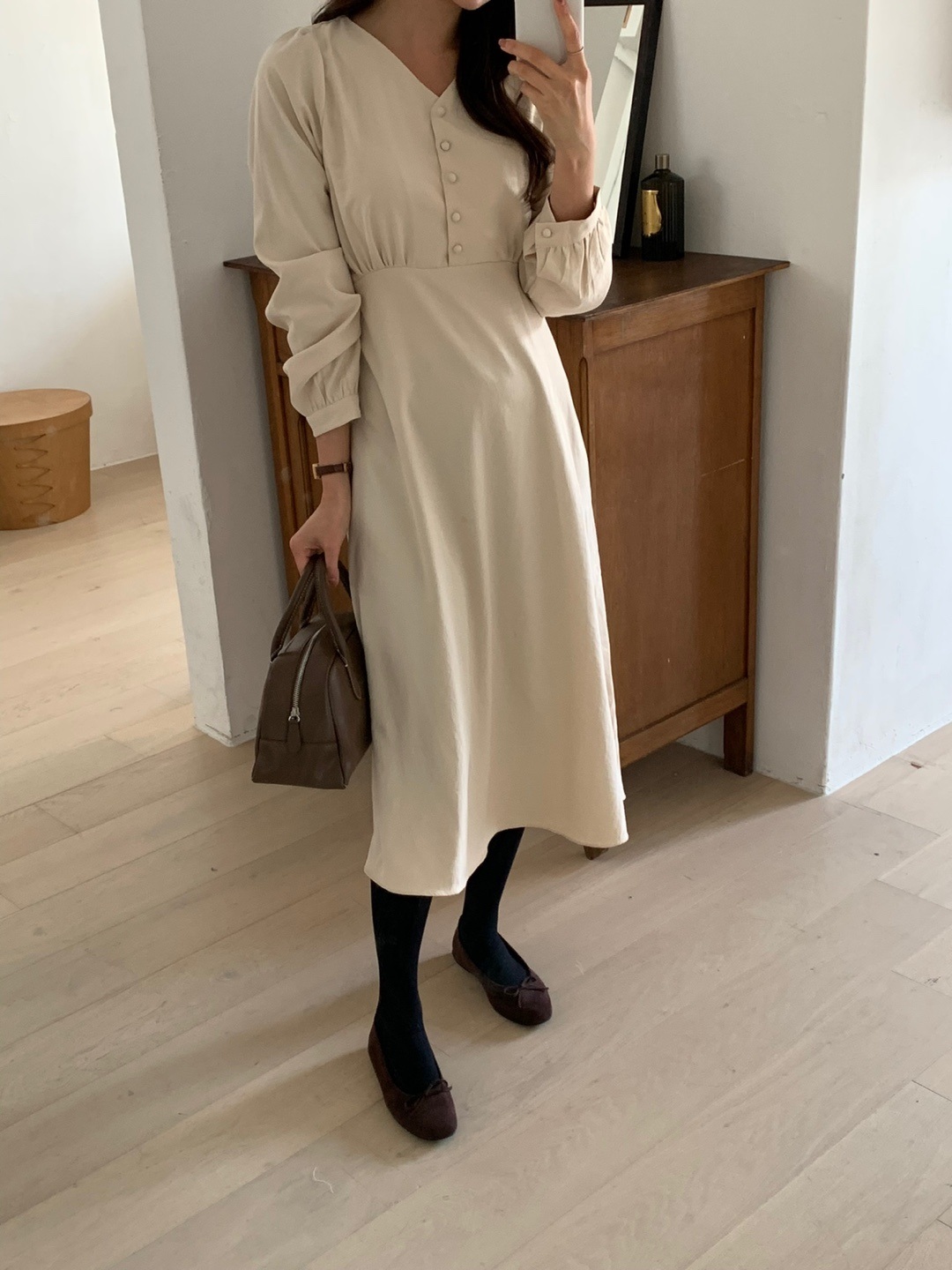 Vネックハーフくるみボタンリボンワンピース | 詳細画像10