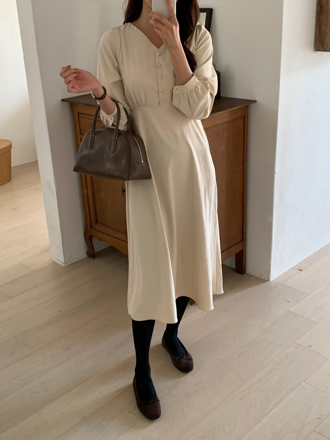 Vネックハーフくるみボタンリボンワンピース | 詳細画像14