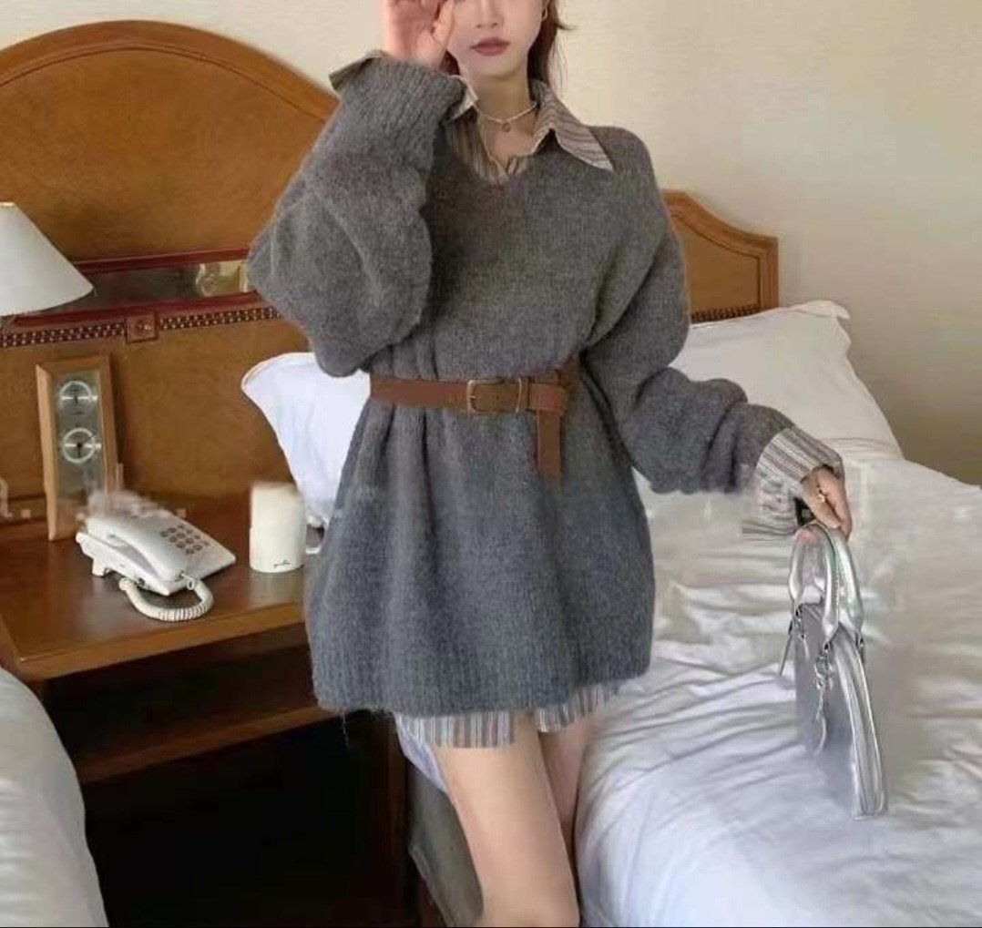 ベルト付ストライプシャツ&VネックロングニットSET | レディース