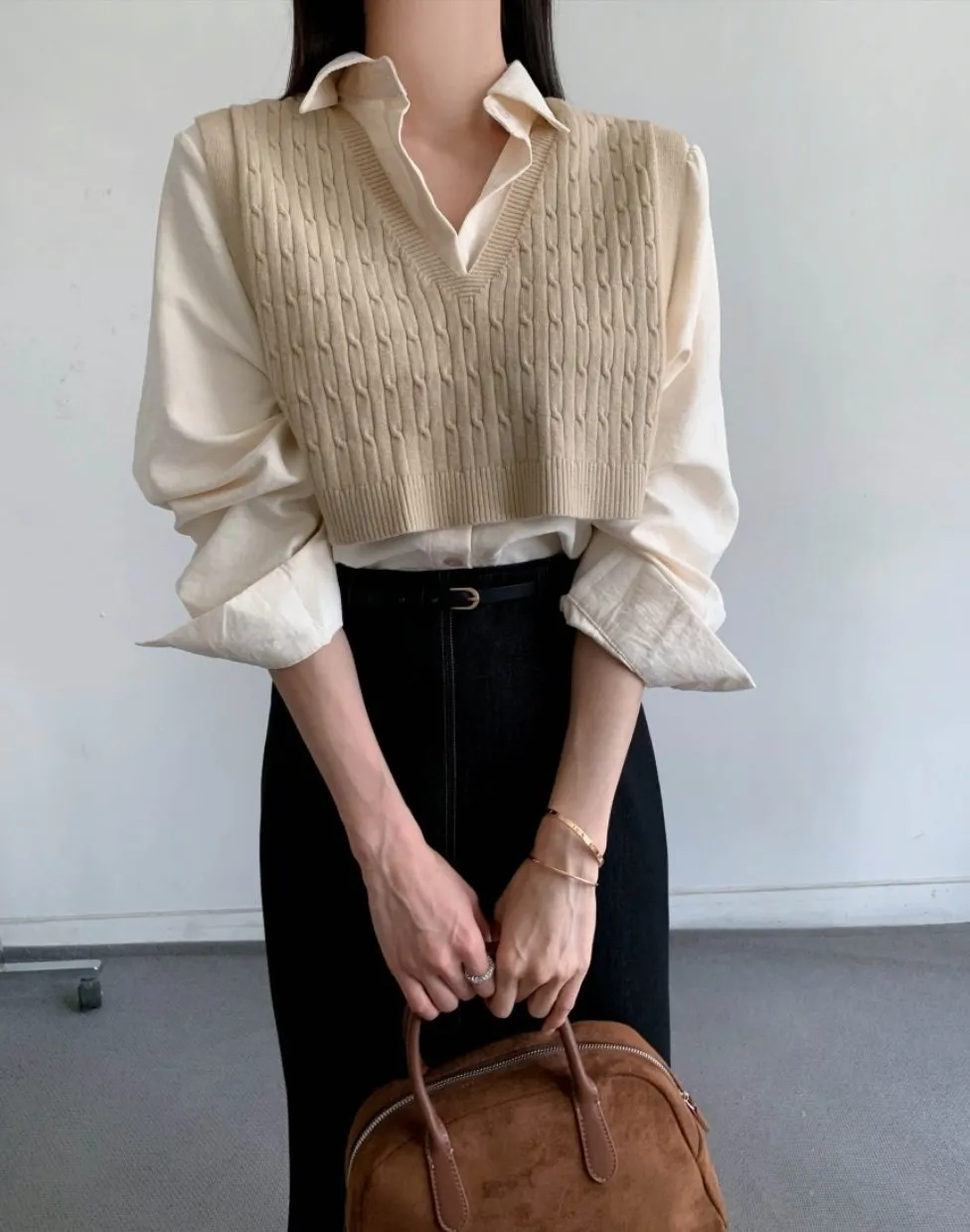 Vネックケーブルニットベスト&シャツSET | 詳細画像1