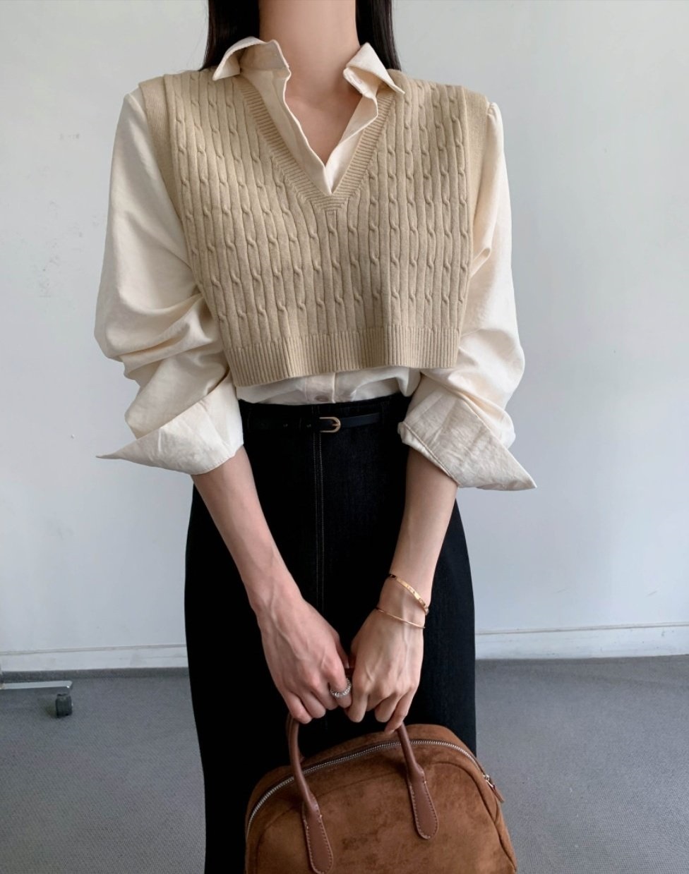 Vネックケーブルニットベスト&シャツSET | 詳細画像2