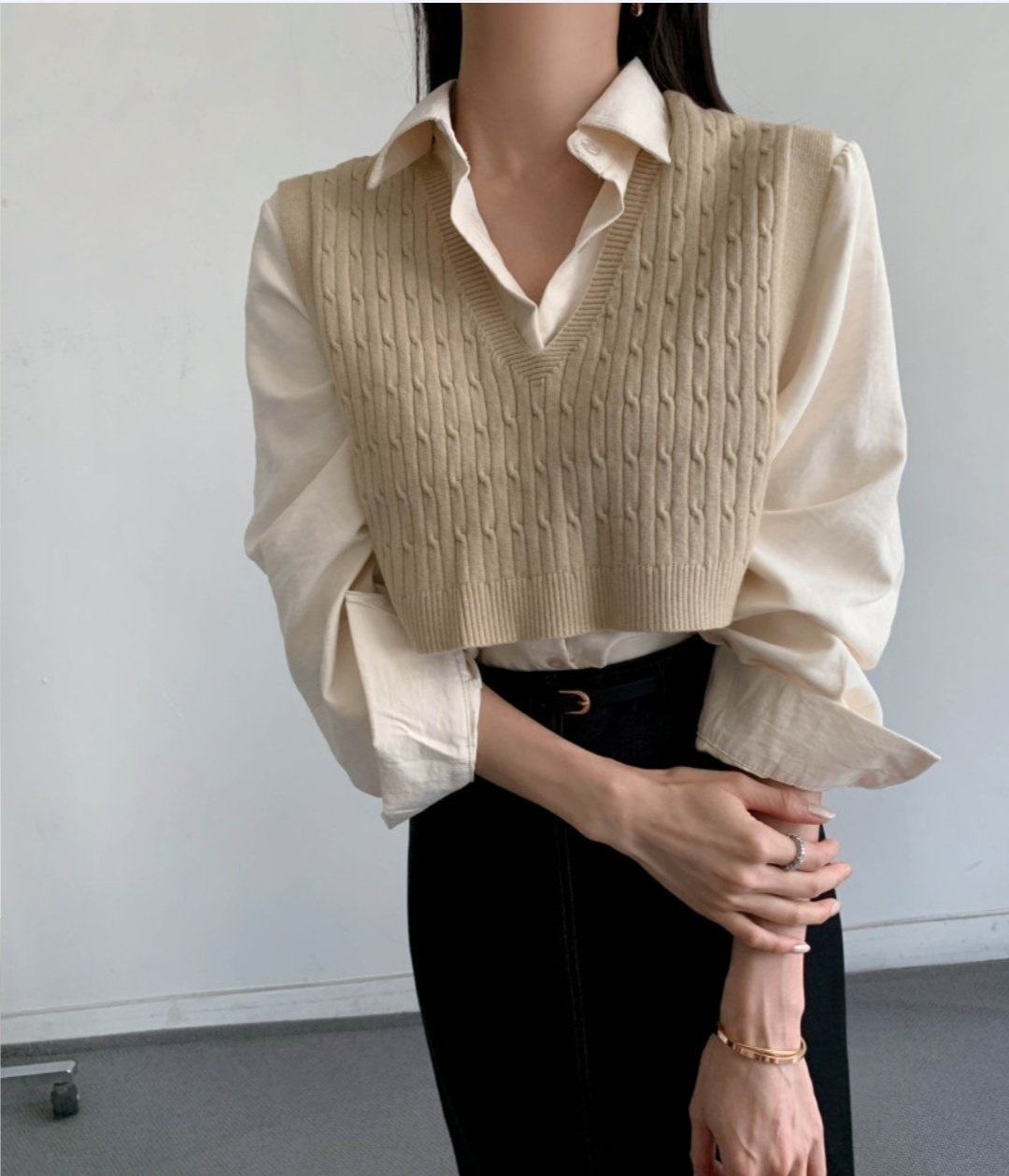 Vネックケーブルニットベスト&シャツSET | 詳細画像3