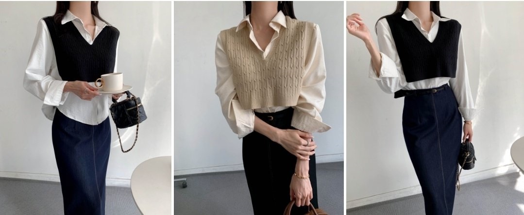 Vネックケーブルニットベスト&シャツSET | 詳細画像5