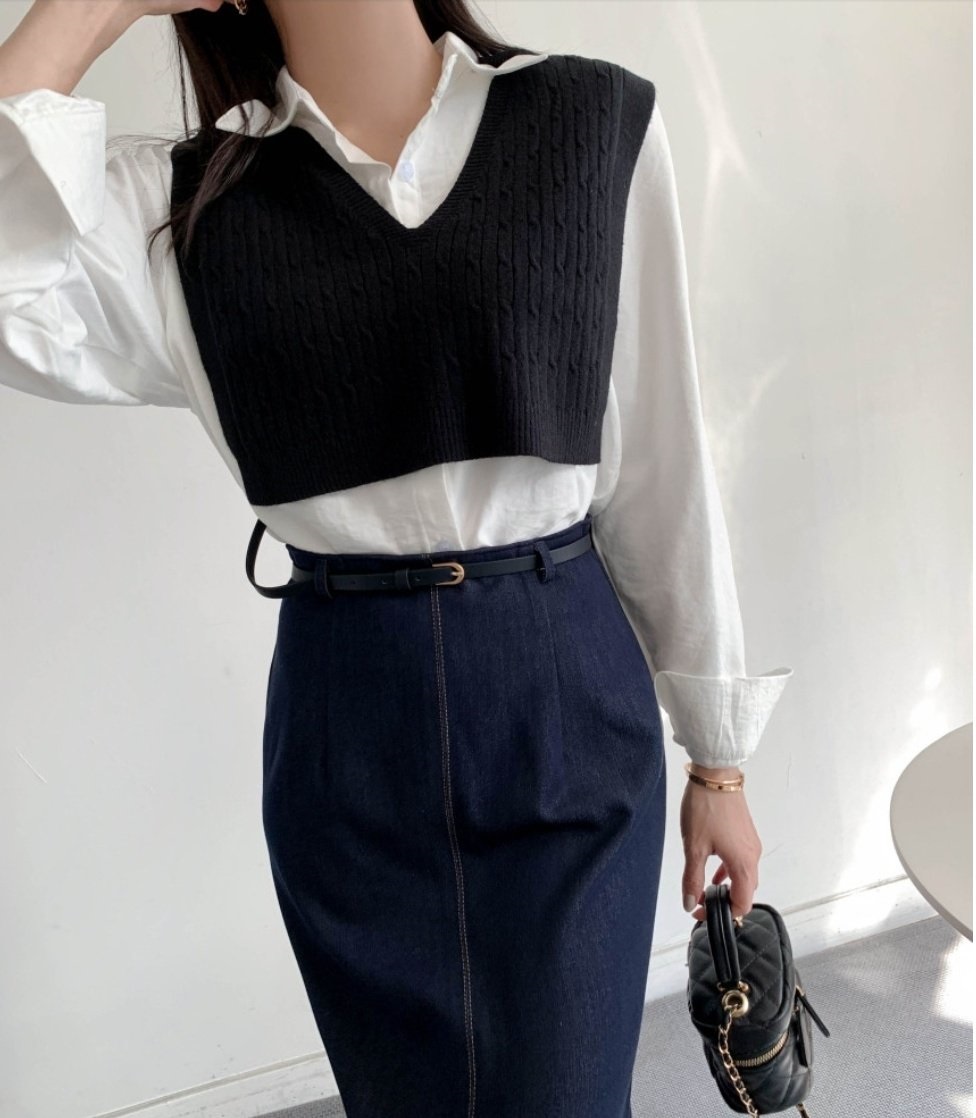 Vネックケーブルニットベスト&シャツSET | 詳細画像6