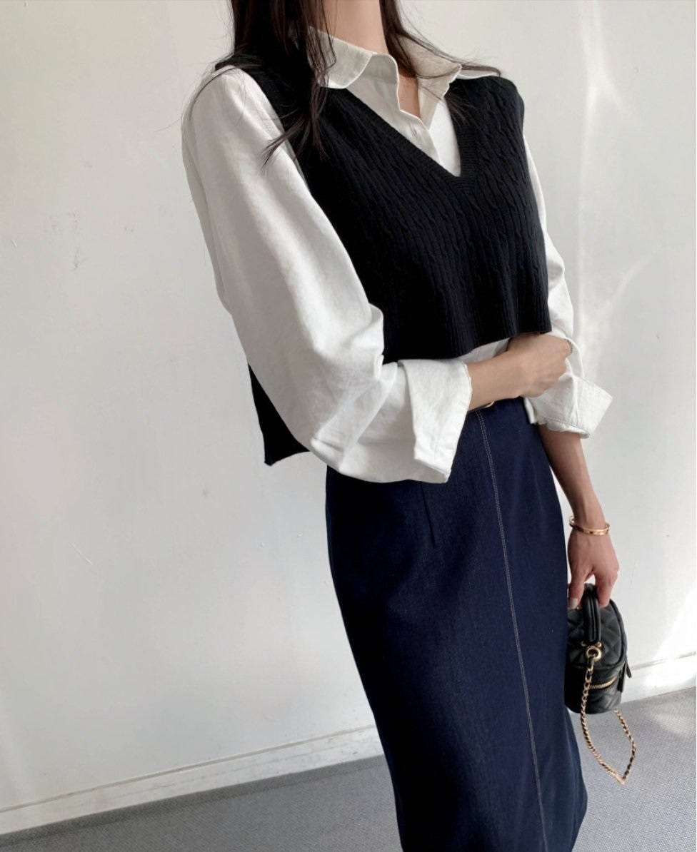 Vネックケーブルニットベスト&シャツSET | 詳細画像7