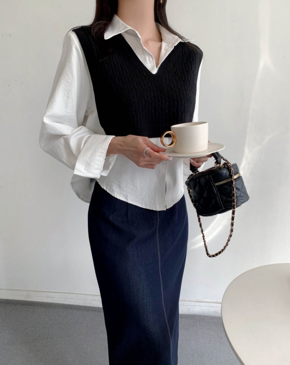 Vネックケーブルニットベスト&シャツSET | 詳細画像9