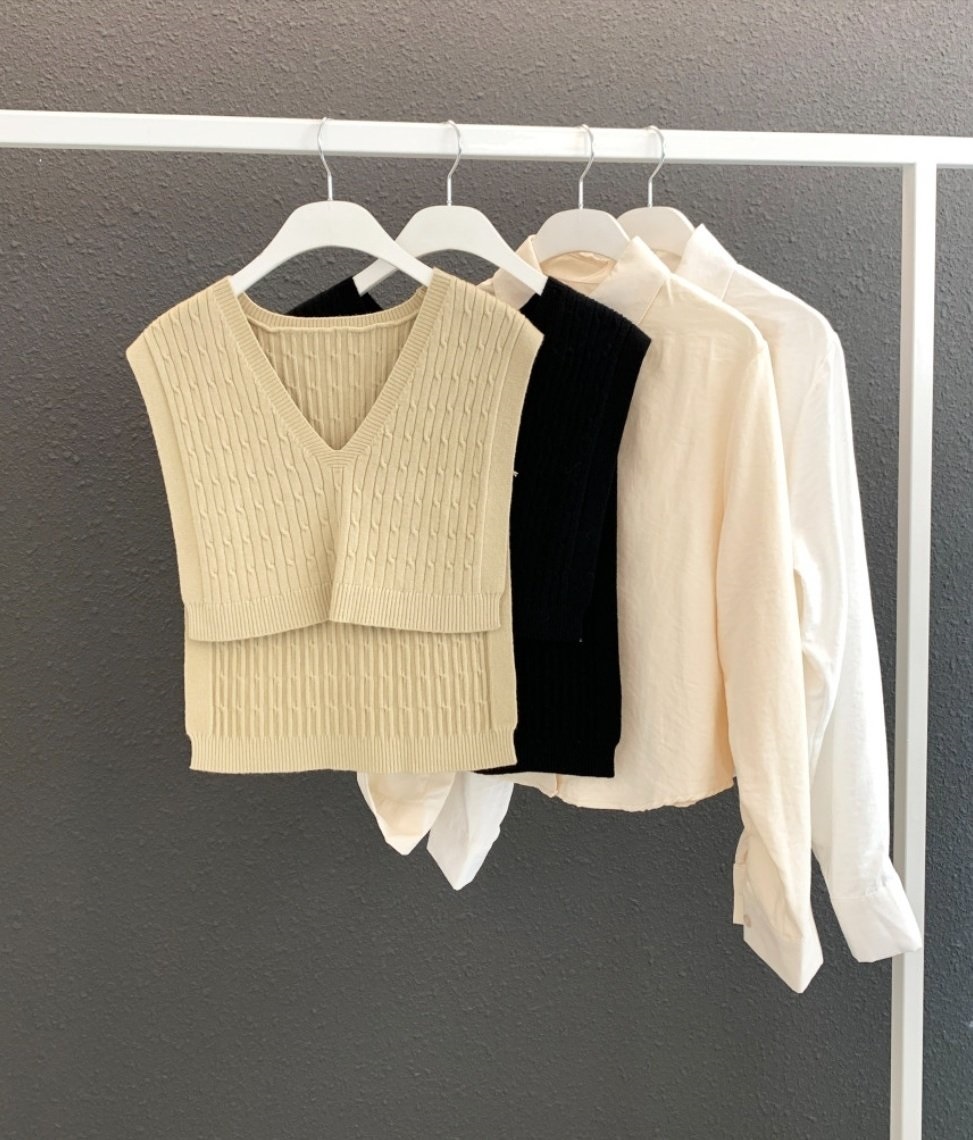 Vネックケーブルニットベスト&シャツSET | 詳細画像10