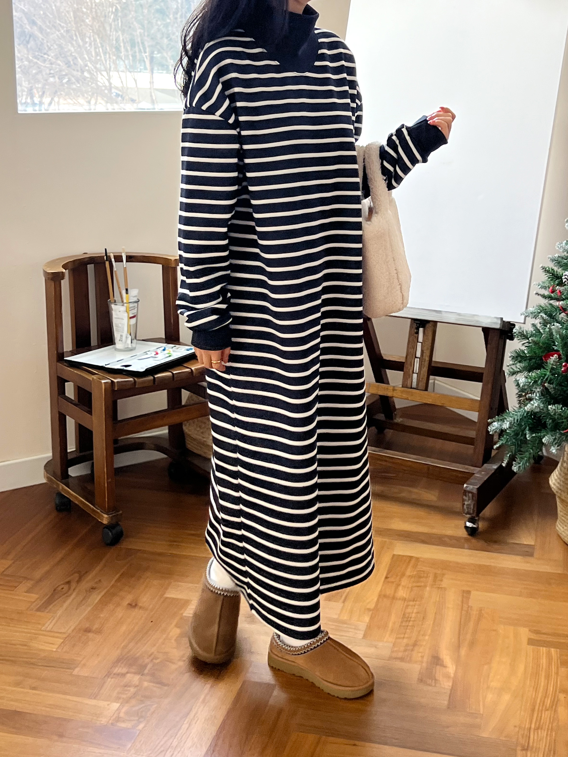 裏起毛ハイネックボーダースウェットワンピース | 詳細画像9