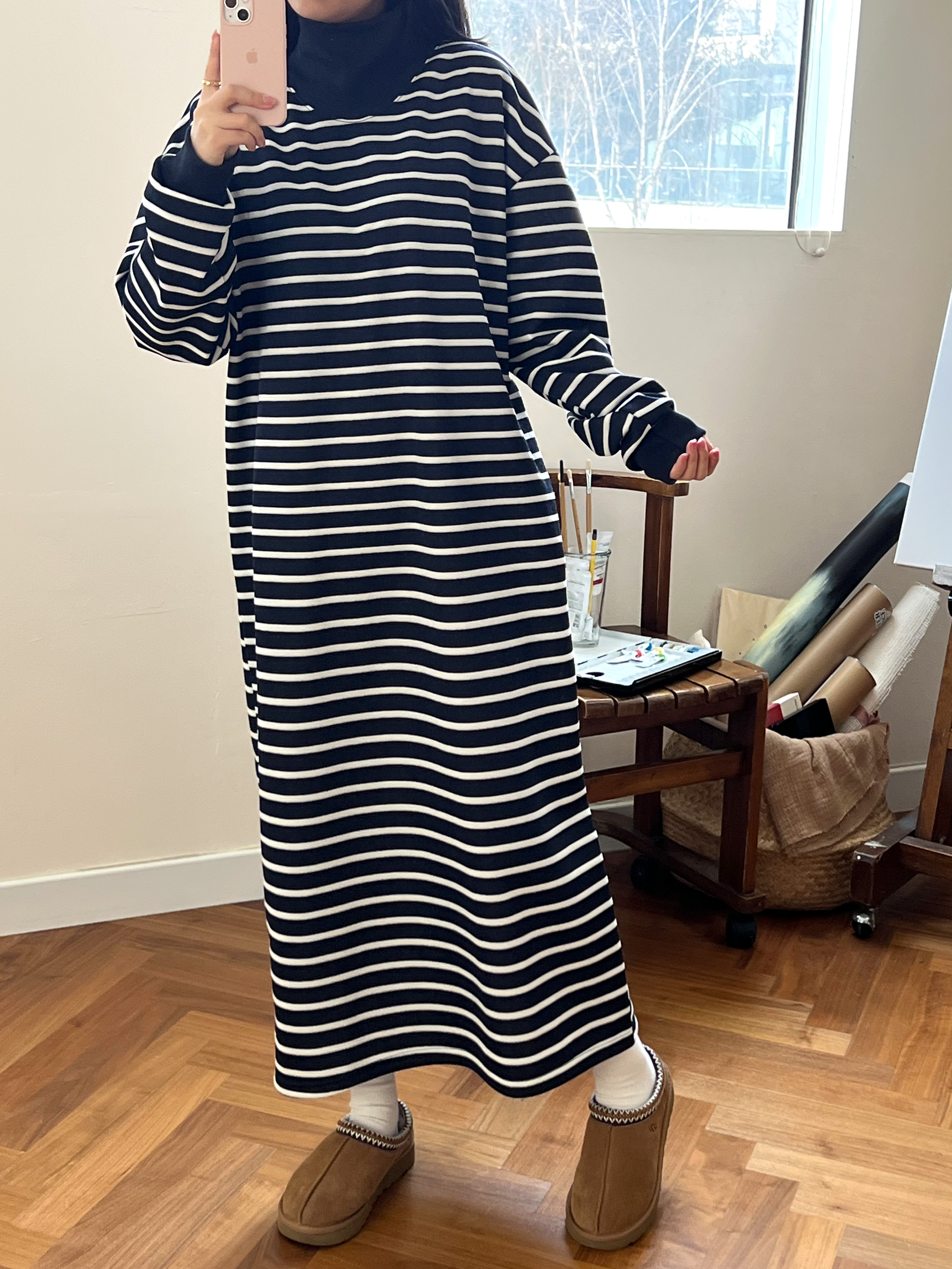 裏起毛ハイネックボーダースウェットワンピース | 詳細画像10