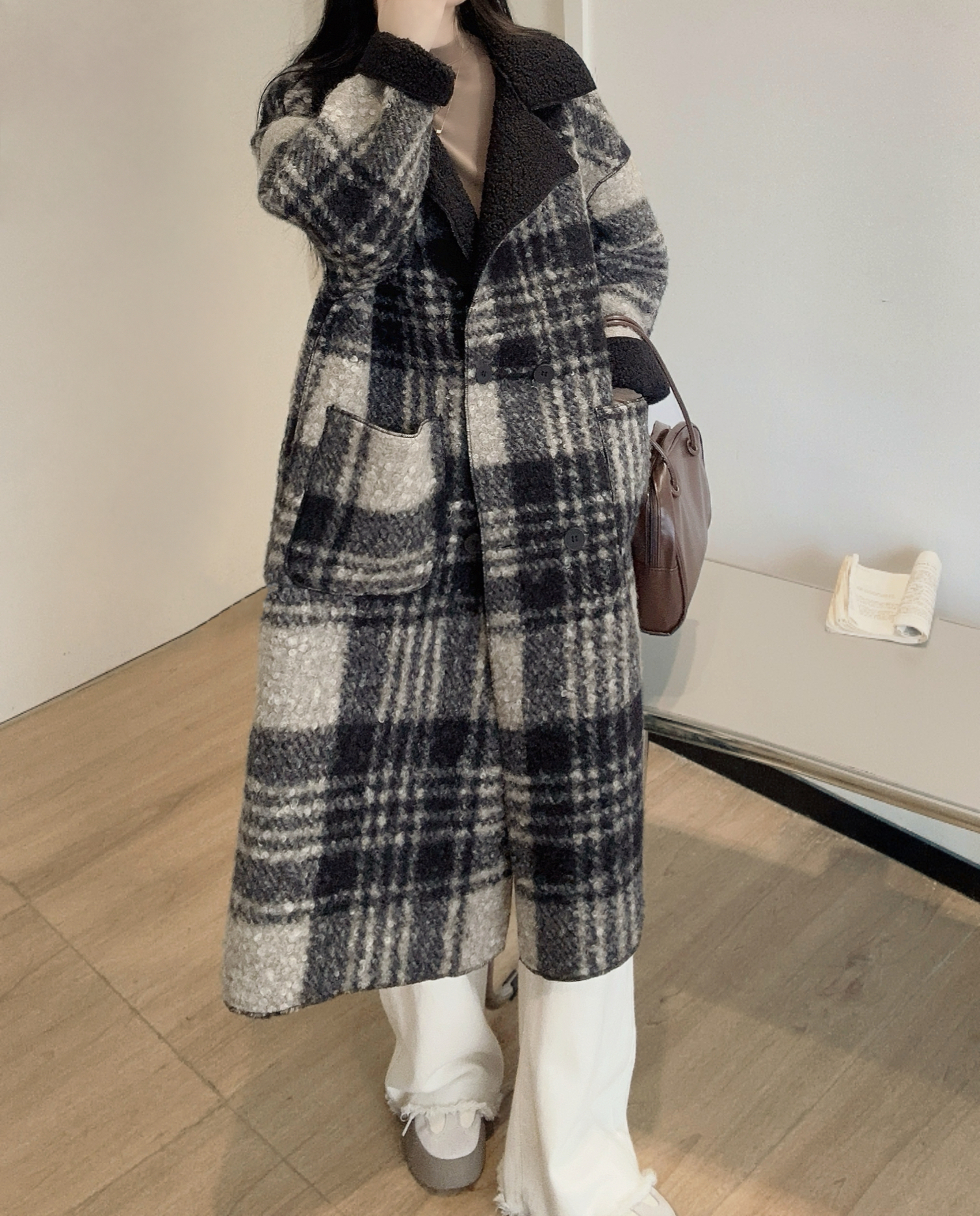 リバーシブルボアチェックロングコート | レディースファッション通販