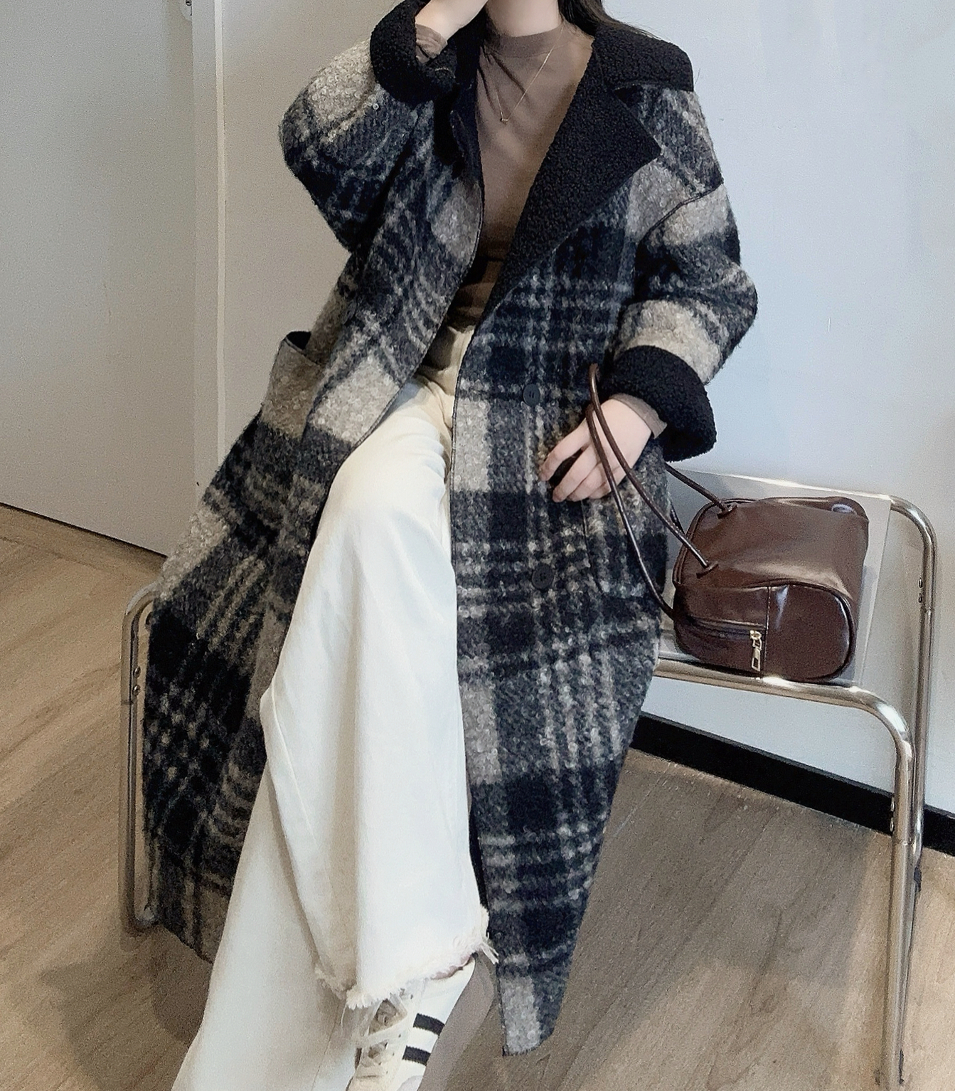 ダイアグラム リバーシブル コート チェック柄 ウール シルク リボンベルト ダイアグラム リバーシブル コート チェック柄 ウール シルク リボンベルト