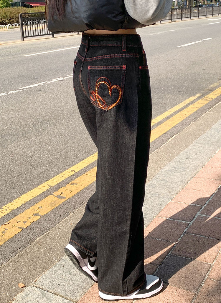 レッドハートステッチワイドローデニムパンツ | レディース
