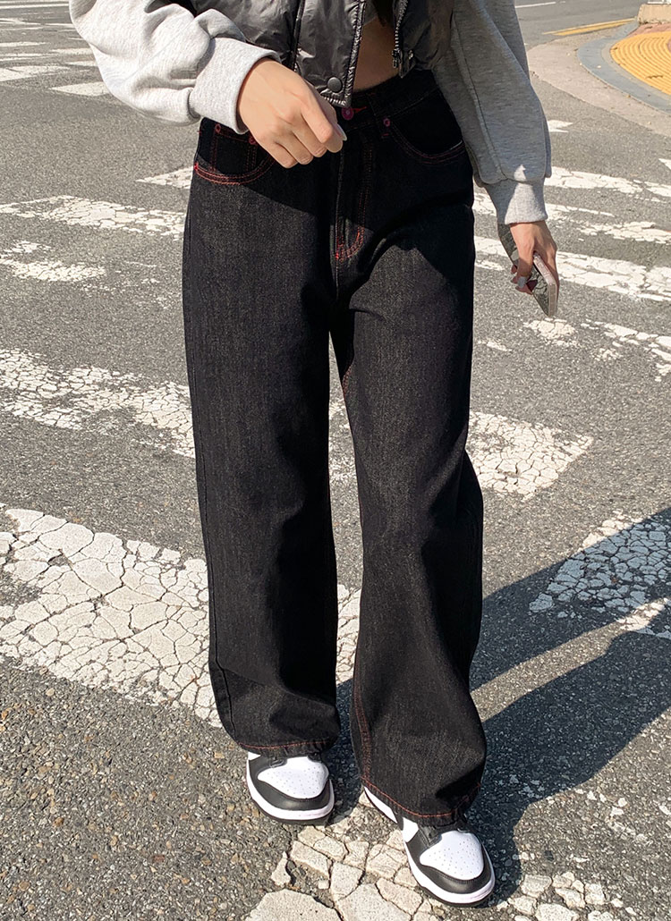 レッドハートステッチワイドローデニムパンツ | レディース