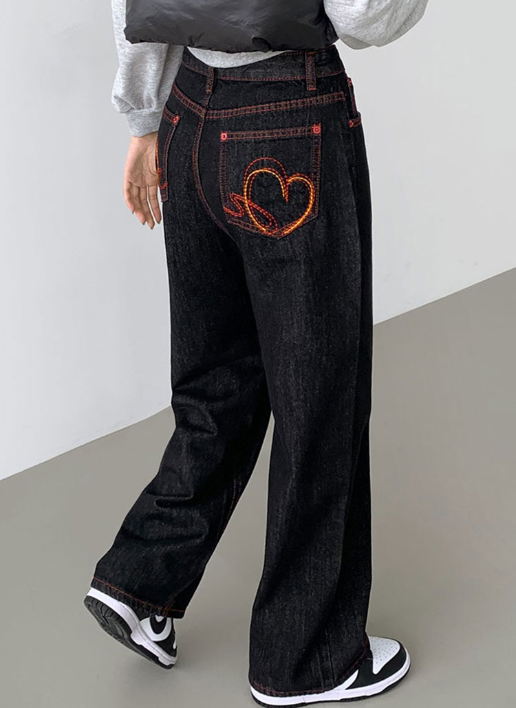 レッドハートステッチワイドローデニムパンツ | レディース