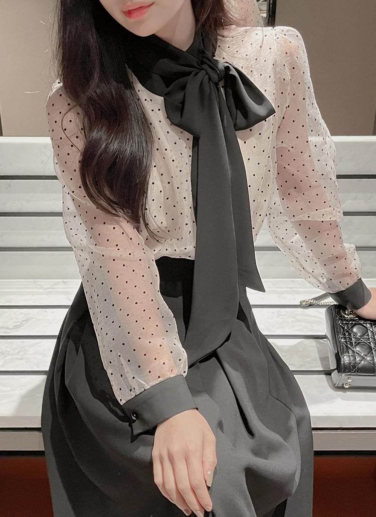 ドットシースルーリボンネックブラウス | レディースファッション通販