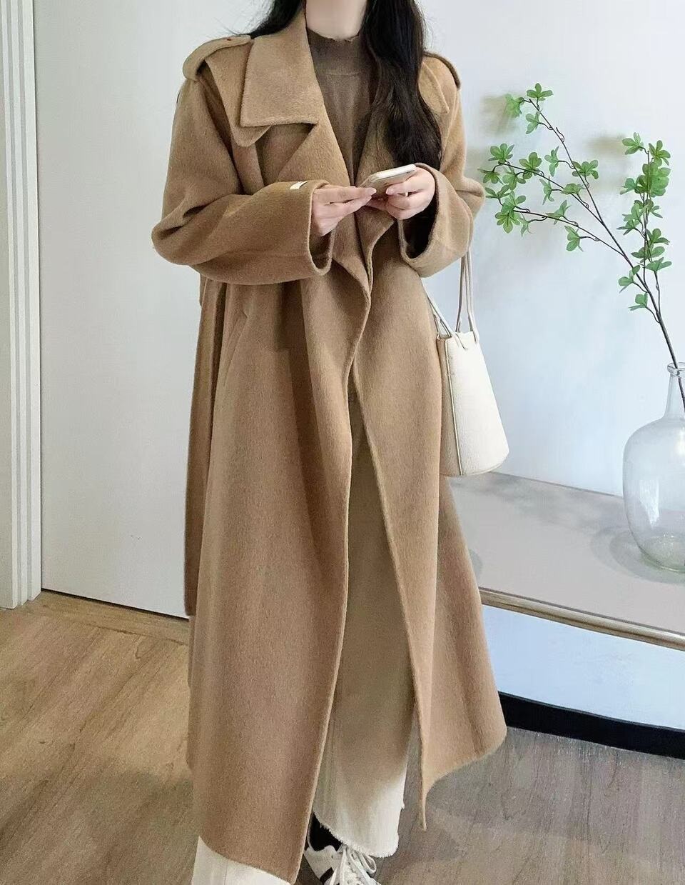ストラップ付ウール混オープンロングコート | レディースファッション