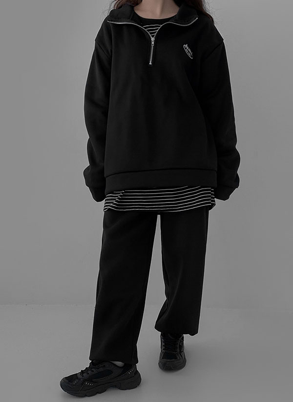 裏起毛ハーフジップロゴスウェット&ワイドジョガーパンツSET