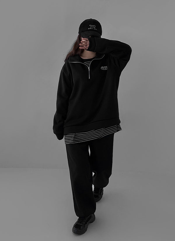 裏起毛ハーフジップロゴスウェット&ワイドジョガーパンツSET