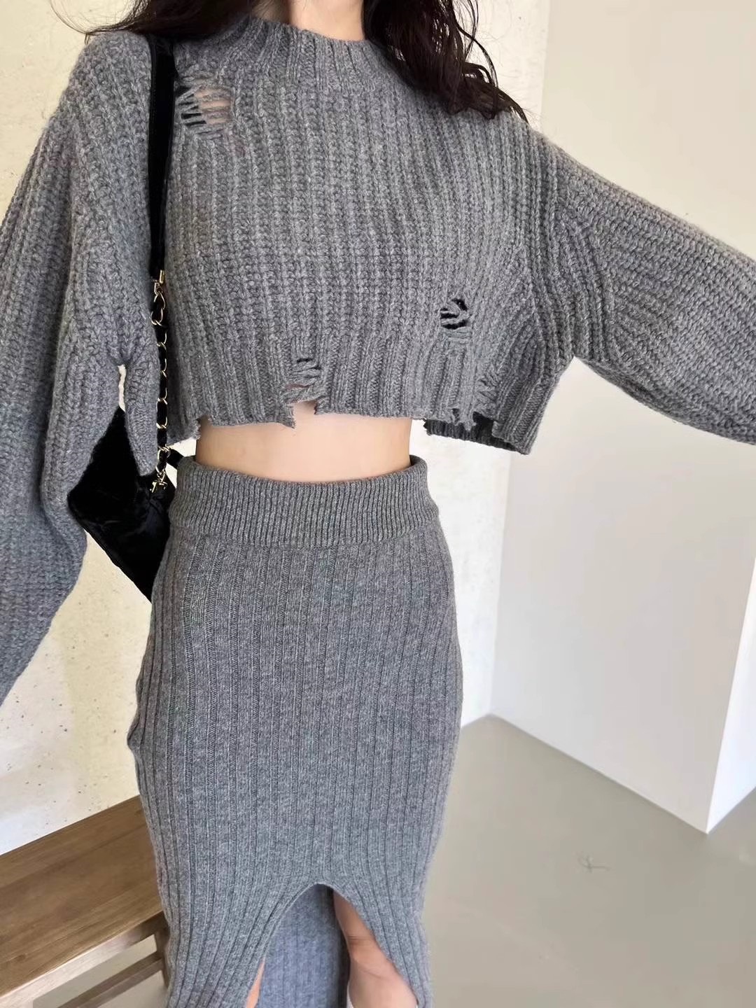 ダメージクロップドニット&スリットリブスカートSET | 詳細画像8