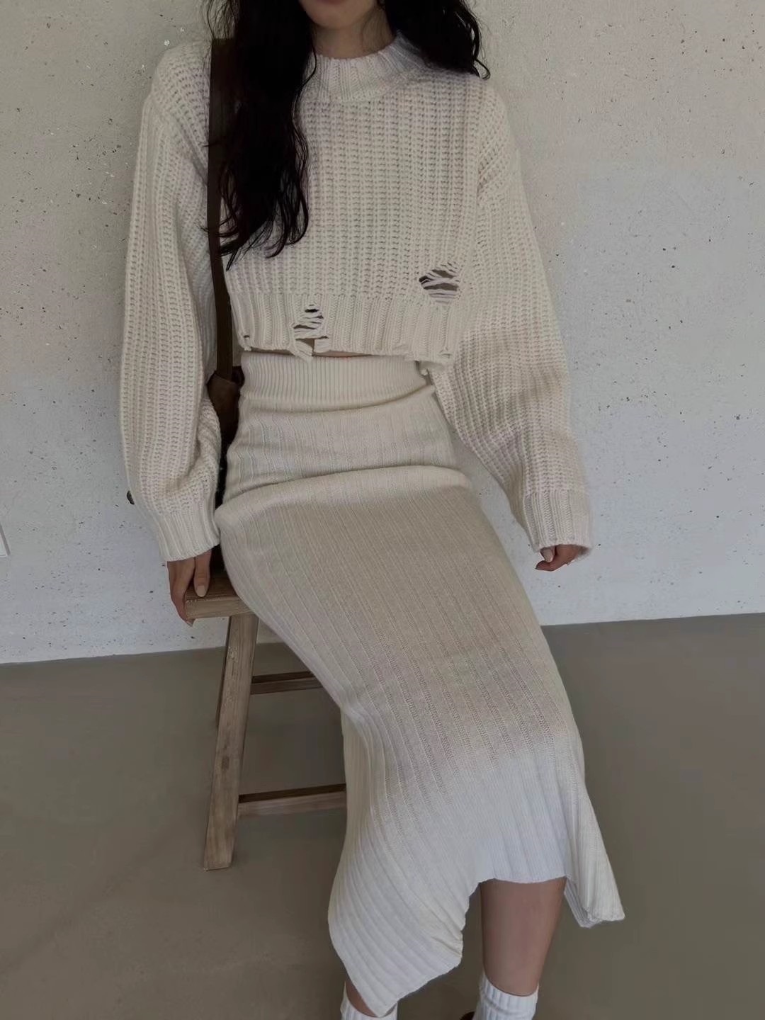 ダメージクロップドニット&スリットリブスカートSET | 詳細画像11