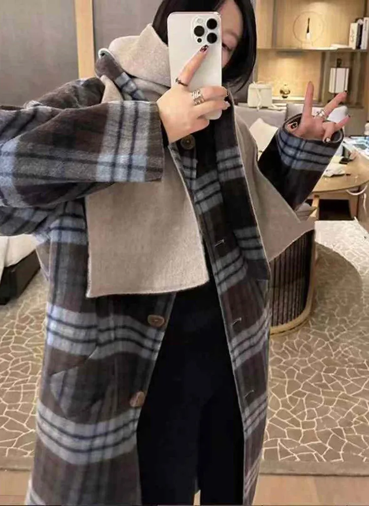マフラー付ウール混リバーシブルチェックロングコート | レディース 