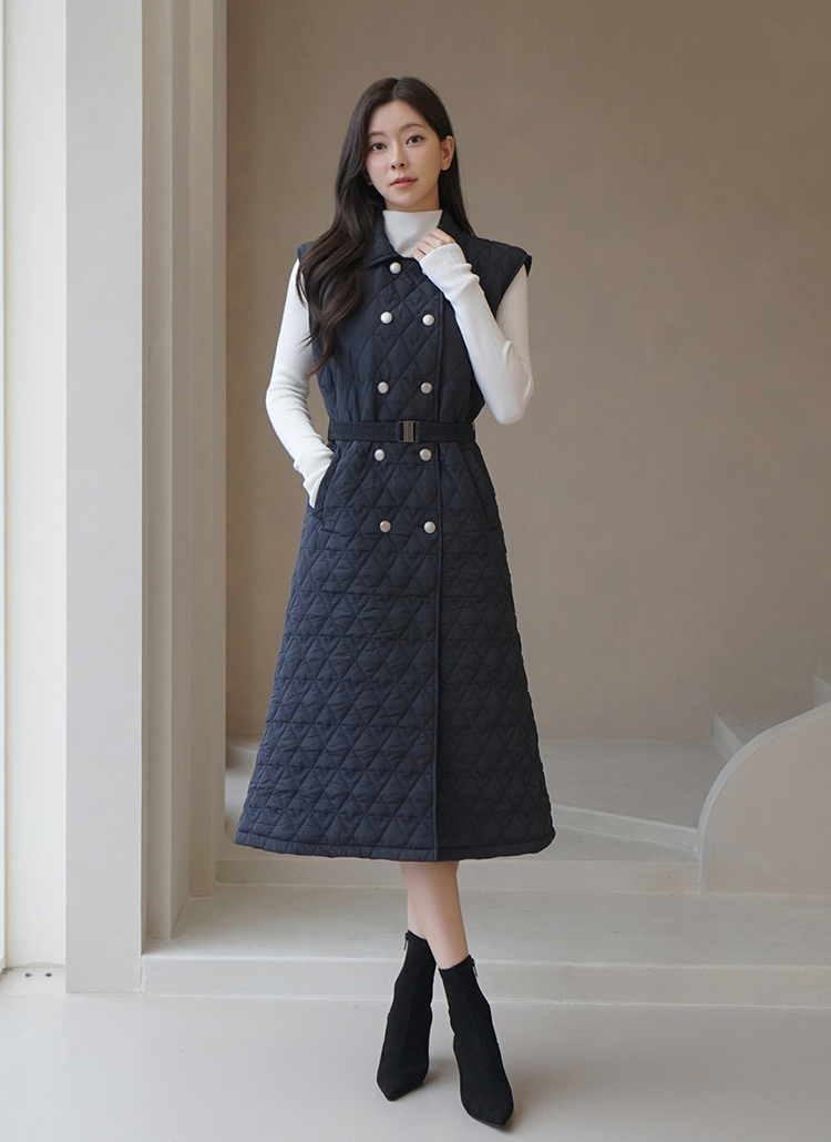 カラーネックダブルボタンキルティングベストワンピース | レディース