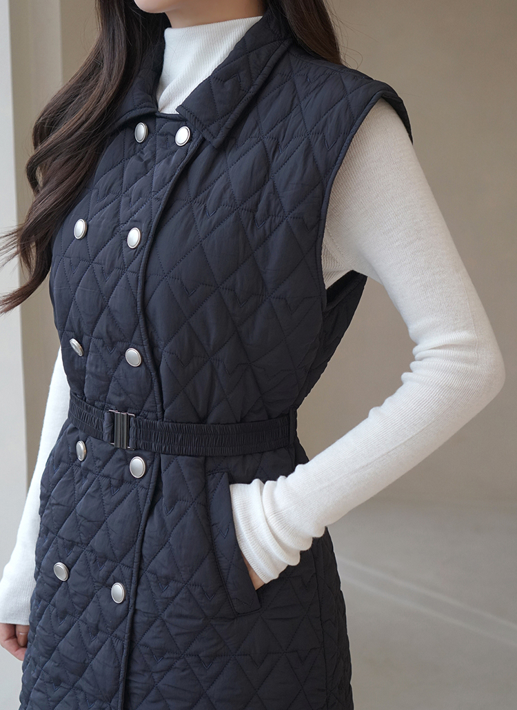 カラーネックダブルボタンキルティングベストワンピース | レディース