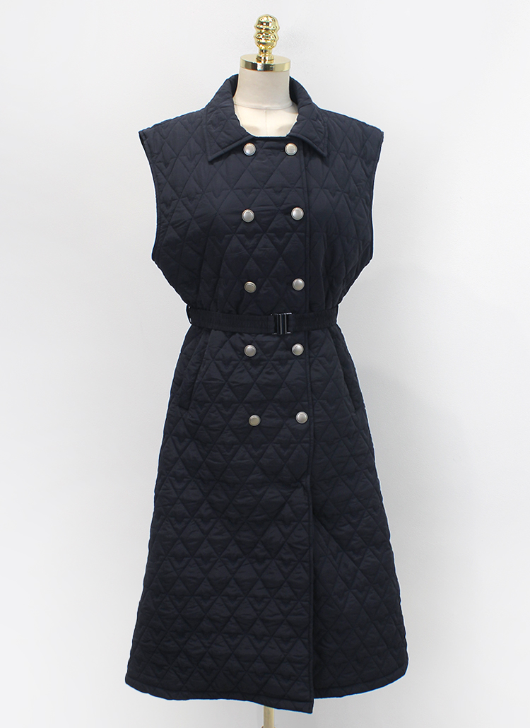 カラーネックダブルボタンキルティングベストワンピース | レディース